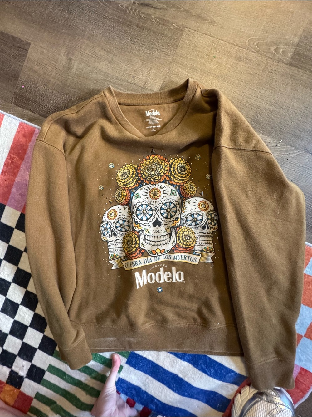 Lucky Brand Brown Crewneck Sweatshirt with Colorful Sugar Skull Graphic